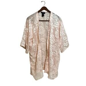 Marcus Adler Pink Semi Sheer Nylon Embossed Floral Wrap Robe Kimono Burnout